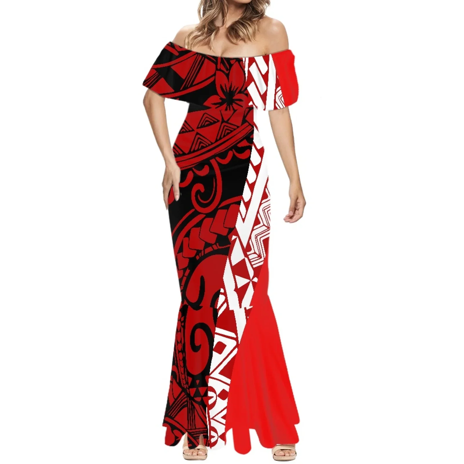 Polynesian Tonga Hawaii Fiji Guam Samoa and Pohnpei Tribal Tattoo Red Prints Couple Clothes Suits,Women Dress,Matching Men Shirt