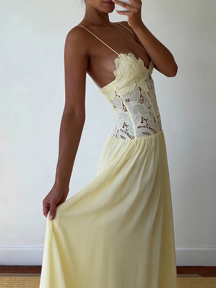 Spring Summer Holiday Chic Hollow Out Dress, Women Casual Lace Patchwork Sleeveless Party Dress, Elegant V Neck Ladies Dresses