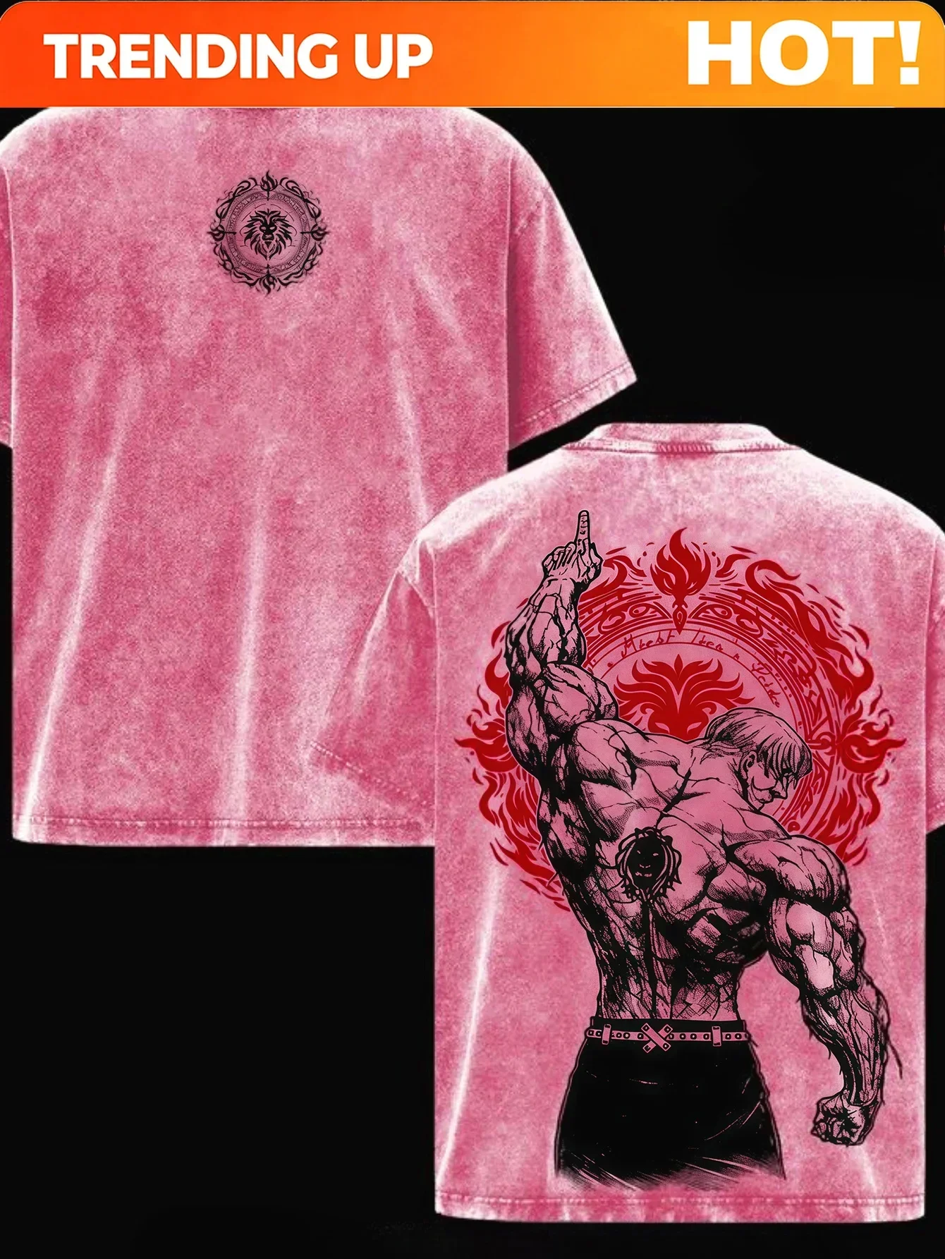 Customization Men's 100% Cotton Y2K Vintage Washed Rose Red Printed T-Shirt - Short Sleeve Muscular Warrior Emblem Year-Round We