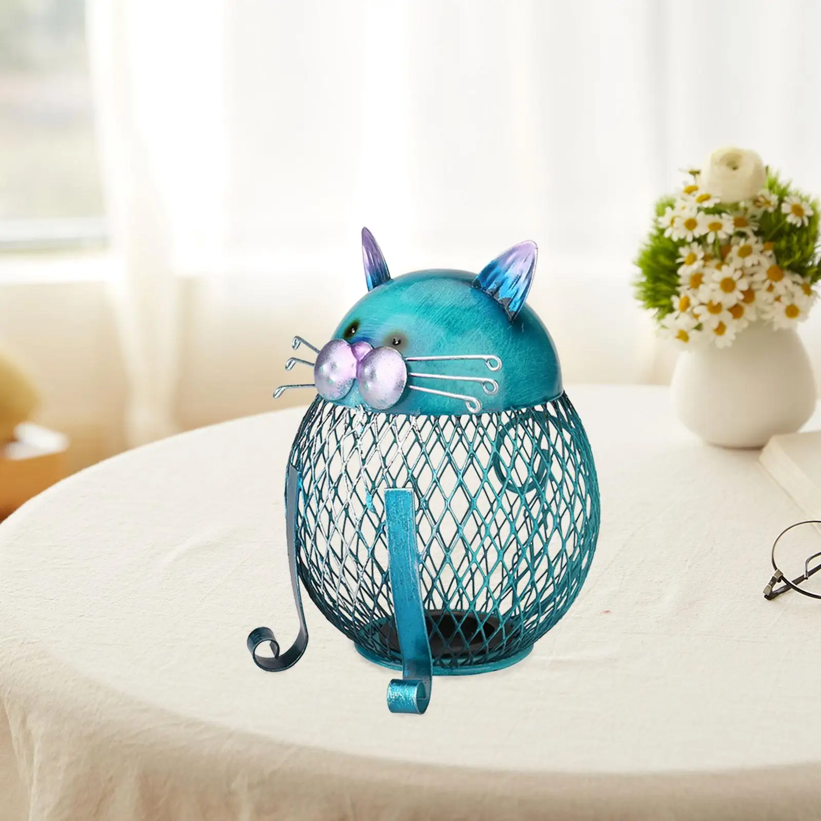 Metal Cat Money Bank Reticulated Piggy Bank Functional 9.4x10.8x14.4cm Cute Table Decoration for Bedroom Creative Durable