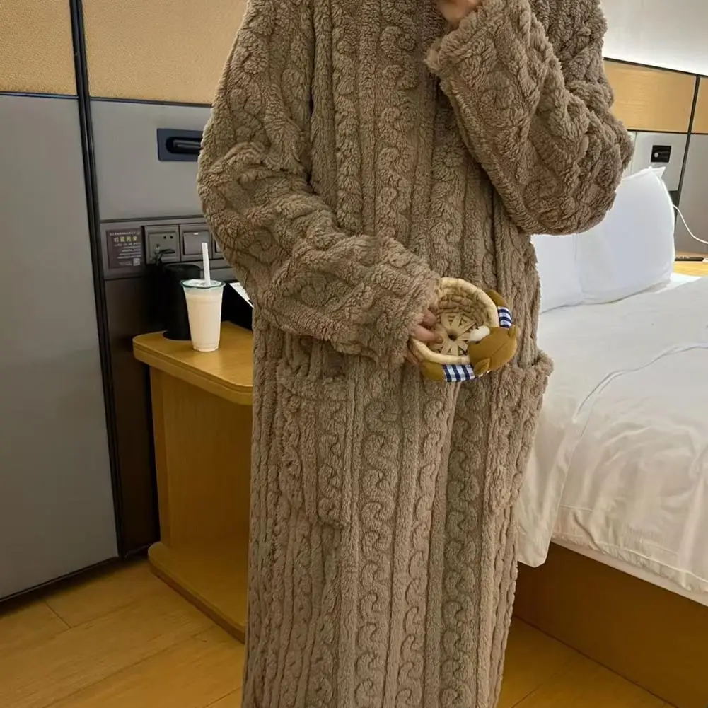 Winter Flannel Nightgowns Women Loose Double Pocket Long Sleeve Solid Sleepwear Jacquard Night Dress Thickened Warm Nightdress