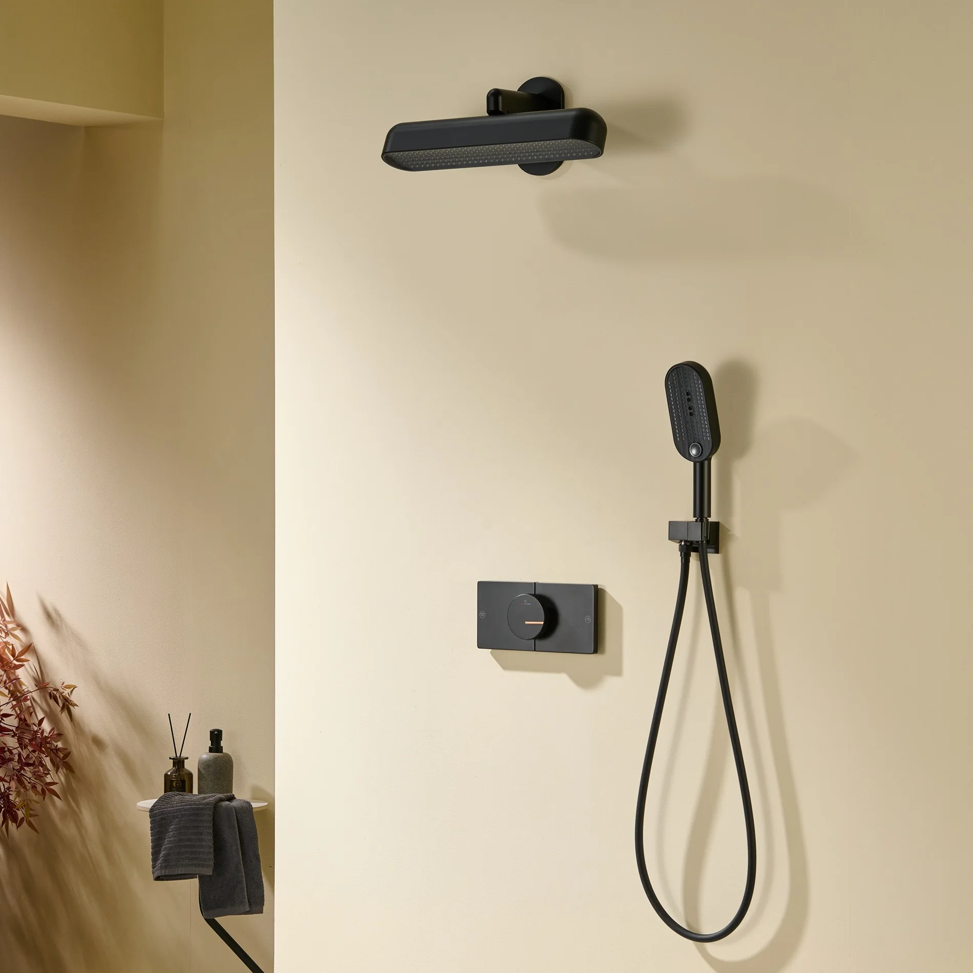 Brass Brushed Thermostatic Shower Set Complete Package Slide Bar Hand-Held Shower Top Spray Concealed Installation Built-In