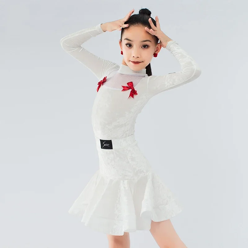 

Kids Velvet Performance Dancing Clothes For Girls Long Sleeves Latin Dance Dress Children'S National Standard Dresses