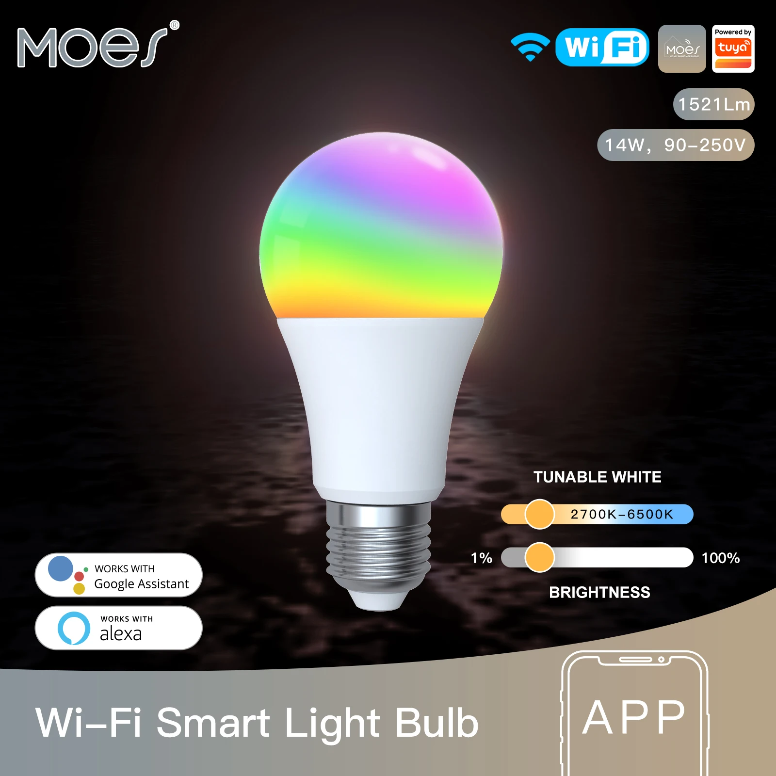 WiFi Smart LED Light Bulb Dimmable Lamp 14W RGB C+W E27 Color Changing 2700K-6500K Tuya Smart App Control Work with Alexa Google