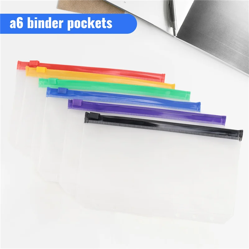 

A6 Budget Binder Pockets With Zipper, Clear 6 Holes Cash Envelopes Folder,PVC Money Coupon Organizer Loose Leaf Bags