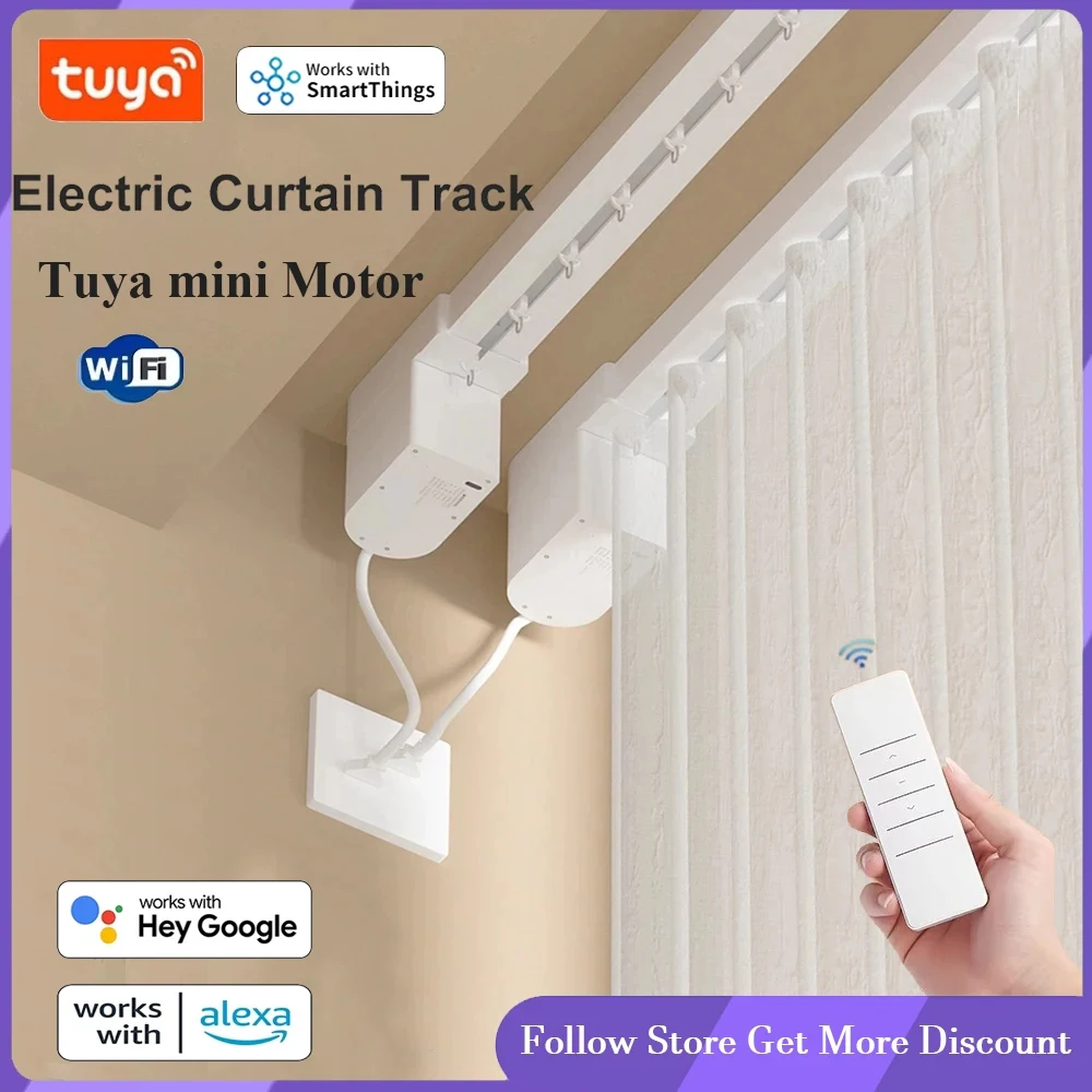 Tuya WiFi Smart Mini Curtain Motor, Automatic Electric Curtain Rail Driver, Customizable Bracket, Works with Alexa & Google Home
