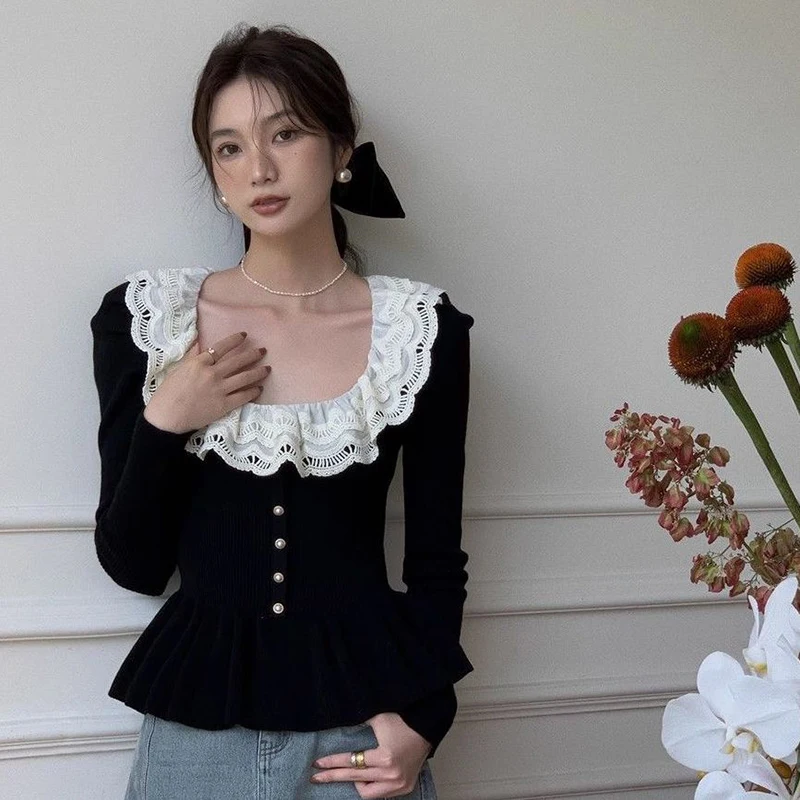 أنيقة الكشكشة متماسكة سترة المرأة الدانتيل المرقعة كم طويل سليم صالح البلوفرات الفرنسية شيك الخريف الشتاء عادية المحاصيل لاعبا