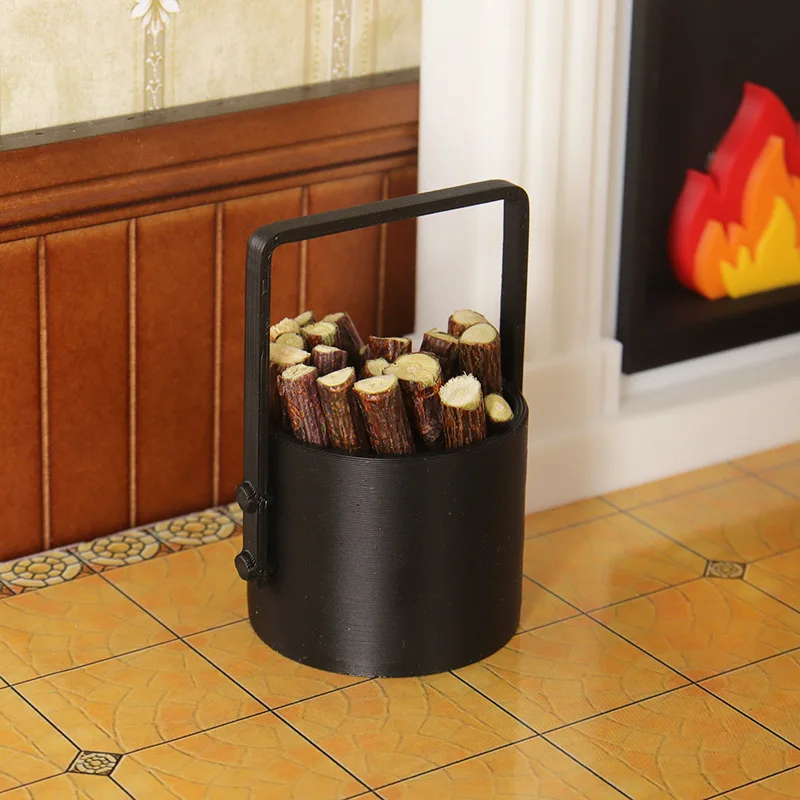 1:12 Dollhouse Firewood Bucket with Logs, Miniature Wood-Burning Stove Accessory for Rustic Cabin & Camping Diorama