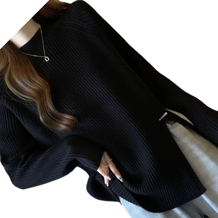 Large Size Women's Clothing Autumn And Winter New Casual And Thin Thickened Pit Strip Semi-turtleneck Split Long-sleeved Top