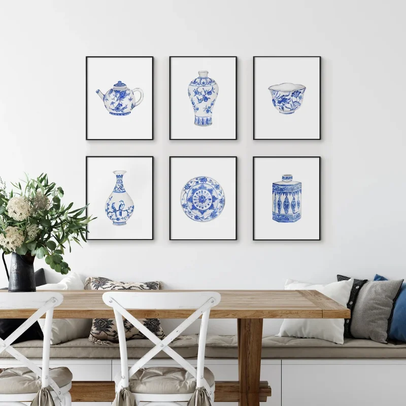 Watercolor China Ming Porcelain Vase Poster Blue and White Chinoiserie Art Print Canvas Painting Eastern Art Home Wall Decor