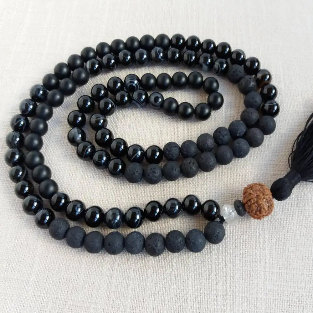 Natural Black Onyx & Lava Rock 108 Beads Mala Necklace with Rudraksha & Black Tassel Spiritual Meditation Jewelry view 2