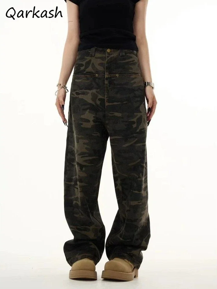 Camouflage Jeans Women American Vintage Casual Baggy Unisex Couples High Waist Wide Leg Straight Trousers Streetwear Hipster