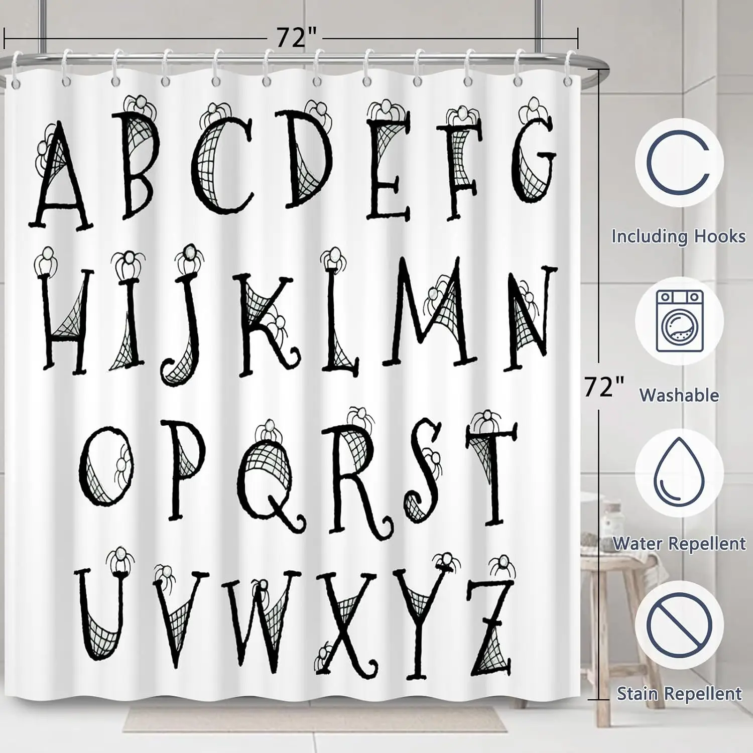 Cute ABC Alphabet Letter Shower Curtain for Nursery Kids Bathroom Decoration Educational Classroom Polyester Waterproof Shower L