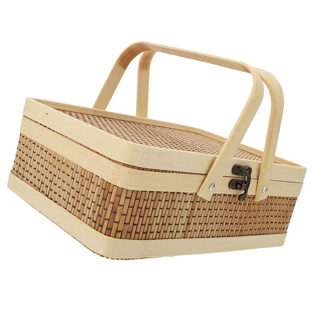 

Rustic Bamboo Basket Handle Lid Outdoor Flower Wedding Gift Picnic Storage Party Festival Garden Decor Harvest Baskets