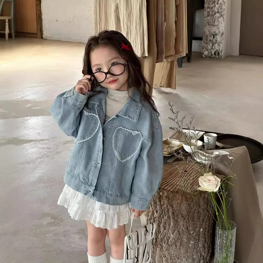 Children Blue Denim Lace Love Jacket White Layered Short Skirt 2024 Autumn New Children Spring and Autumn Clothes