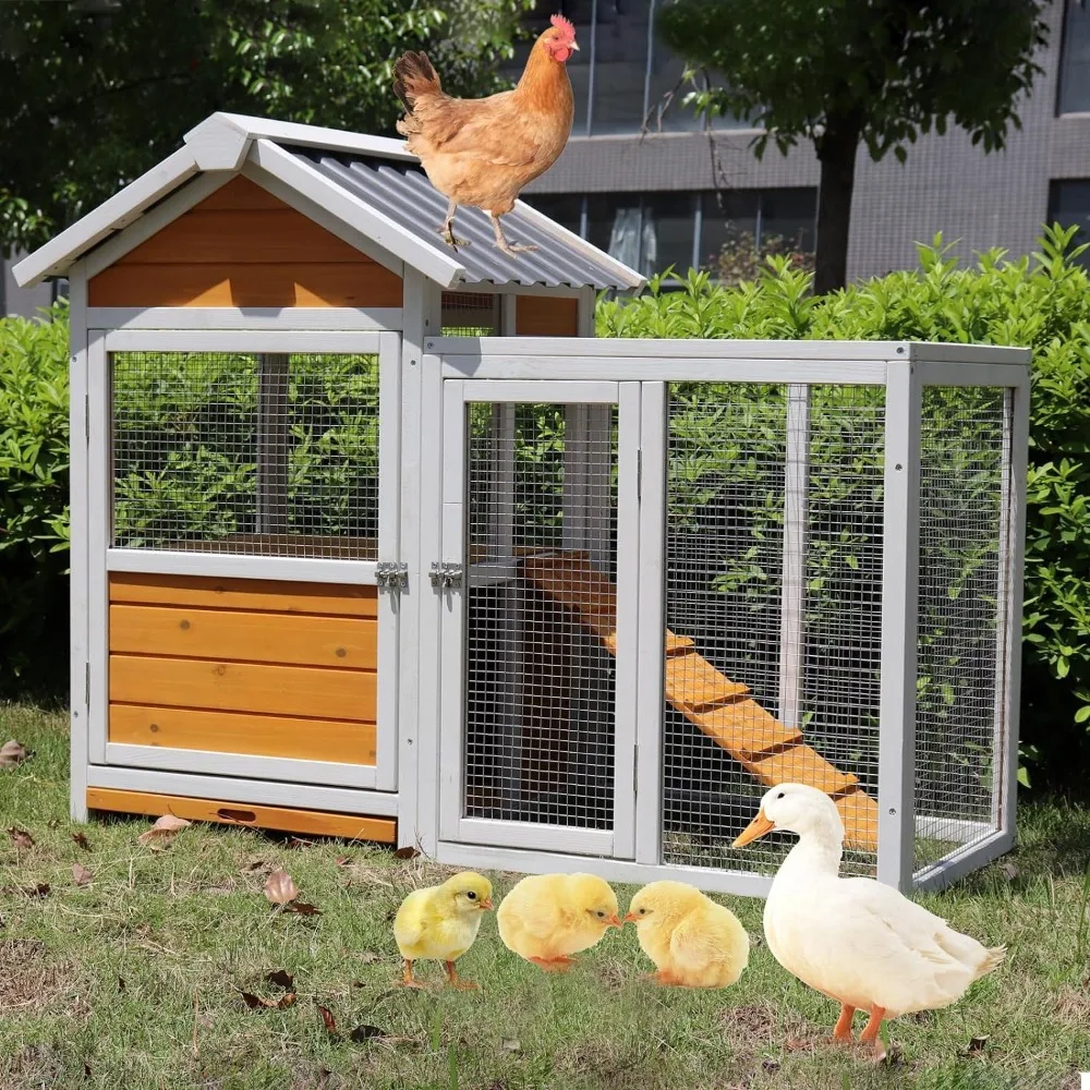 

48 L Outdoor Duck Coop Wooden Chicken Coop with Nest Box PVC Waterproof Roof, Yellow Brown