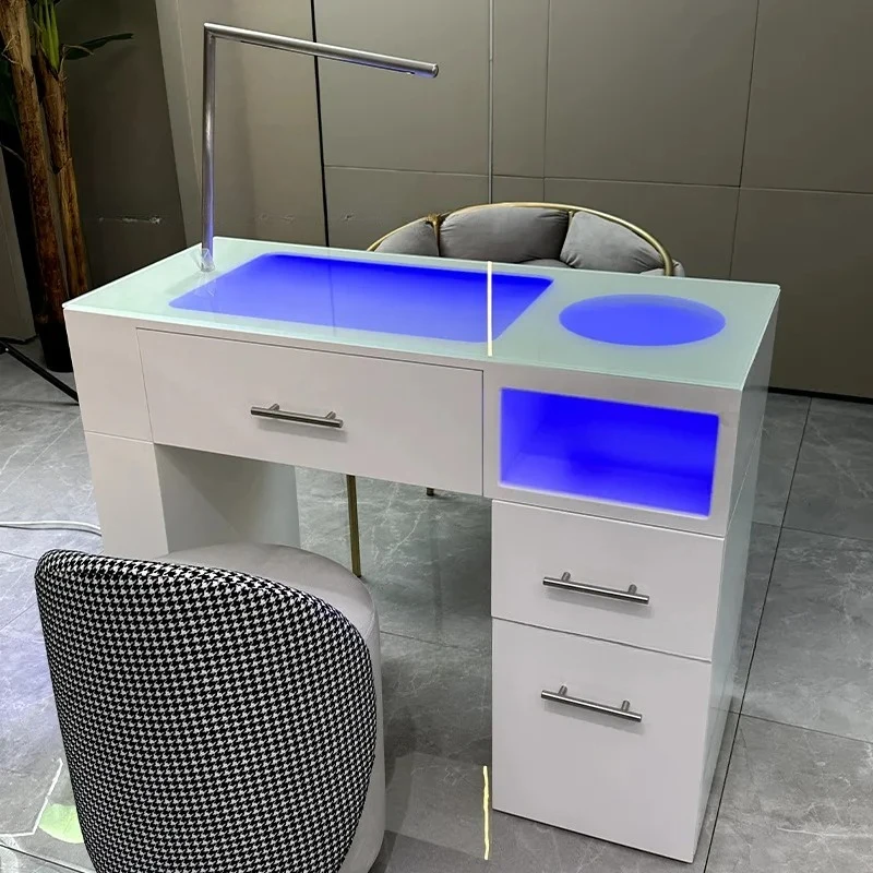 Simple White Solid Wood Nail Salon Table with Drawer Cabinet and Light, Multifunctional Manicure Work Station for Beauty Salon
