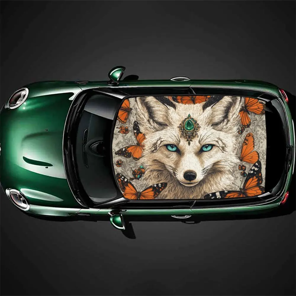

Blue-eyed spirit fox and butterfly's fantasy appointment animal pattern car vinyl wraps, vinyl car roof decals, car roof appeara