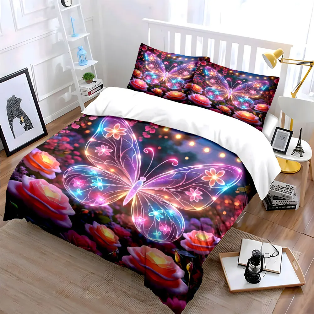 Dreamy Butterfly in Night Garden Bedding Set for Kids Luxury Gift 3pcs Digital Print Comforter Set Soft Comfortable Breathable