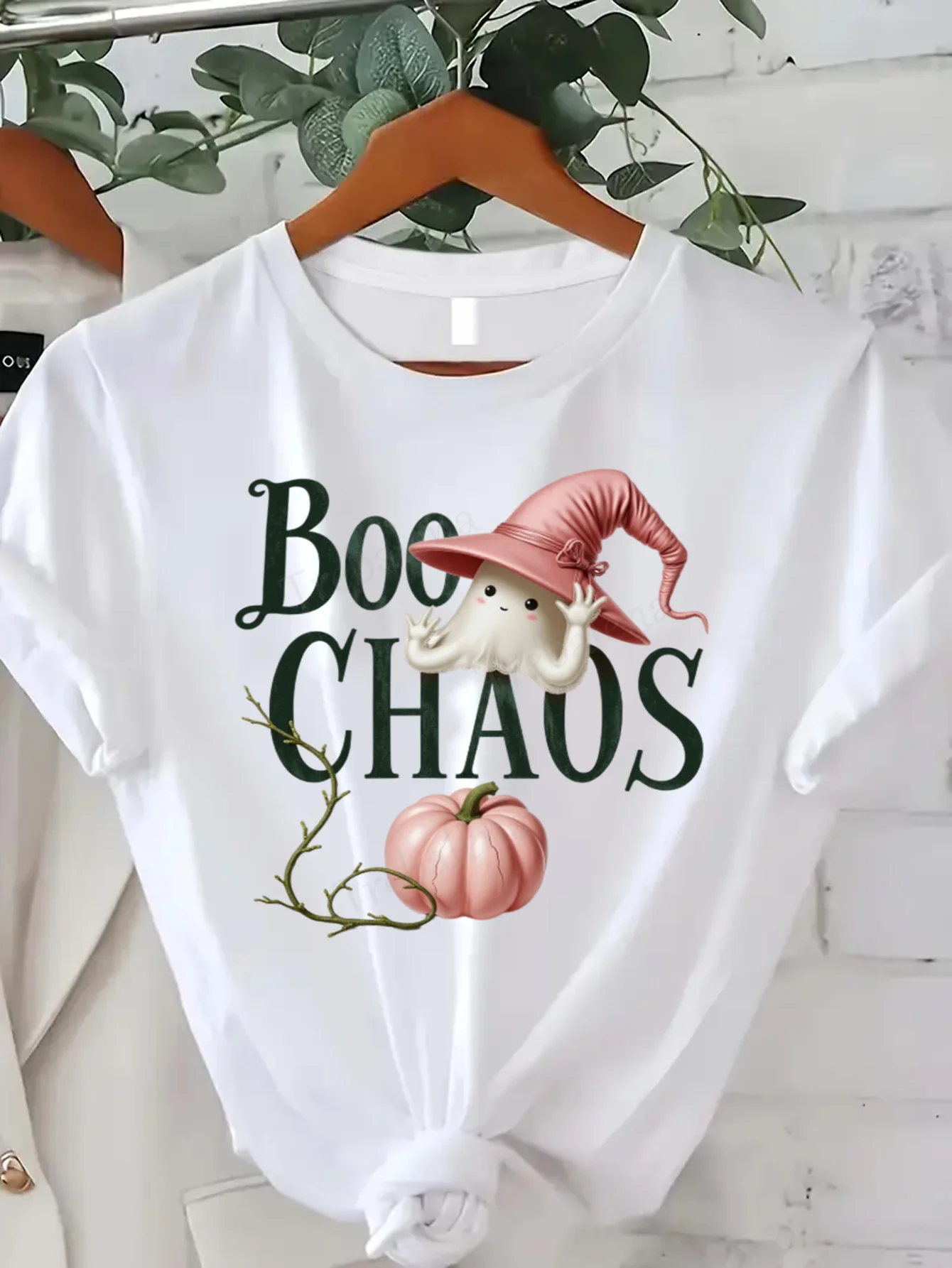 

Футболка с круглым вырезом Boo Chaos, футболка на Хэллоуин, женская футболка больших размеров с милым призраком и тыквой, футболка с короткими рукавами, модный повседневный топ