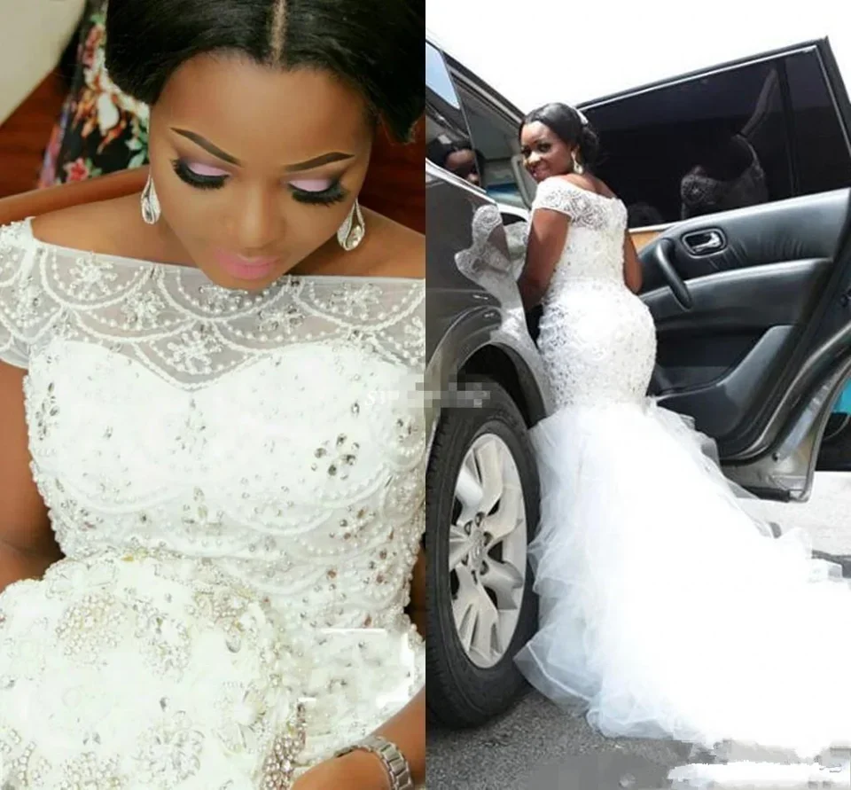 

Customized Customize Africa Short Sleeves Beaded Mermaid Wedding Dresses Elegant Applique Ruffles Chapel Train Tulle Bridal Gown