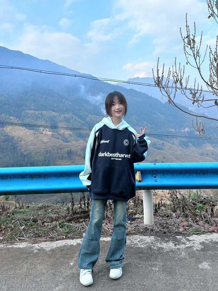 Oversized overirt cor sangue hoodie feminino outono inverno thiened fce casal jaet commute sle longo sve impressão