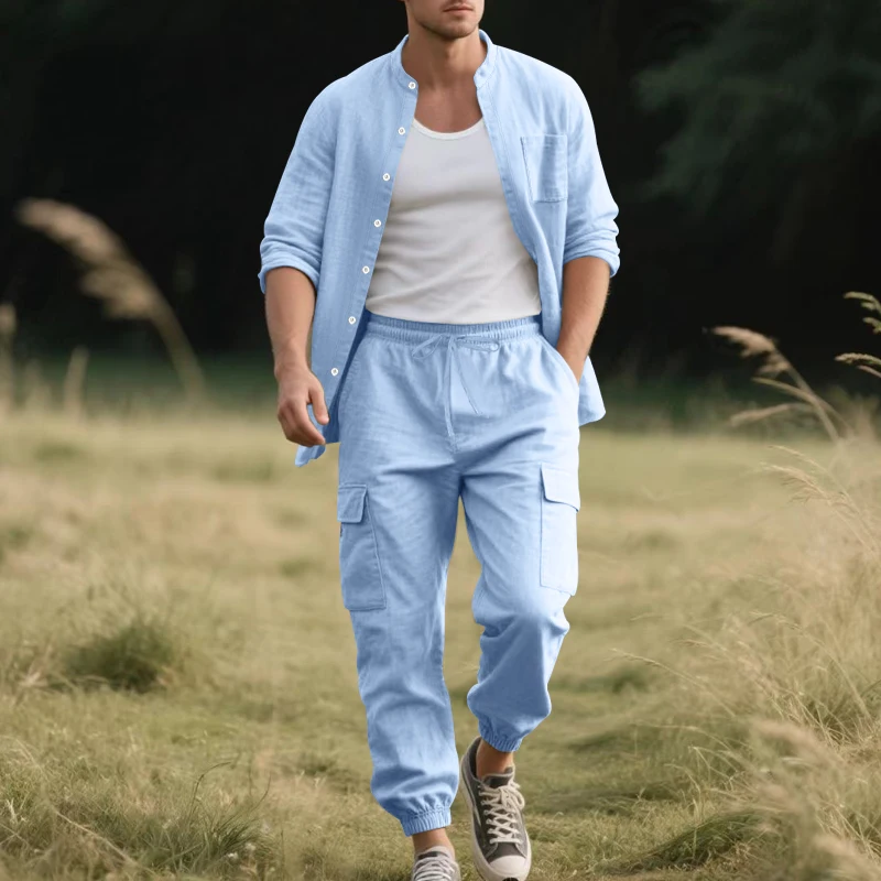 Men's Linen Breathable Two-Piece Set with Stand Collar Long Sleeve Shirt and Work Pants, Summer Beach Casual Outfit view 3