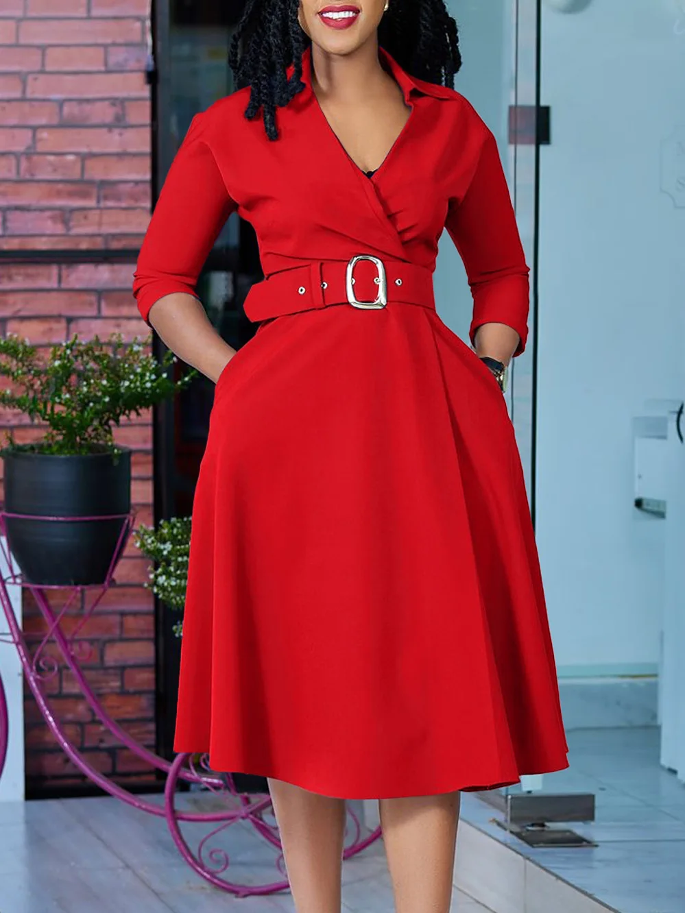 

Women's new fashion lapel solid color high waist elegant plus size dress