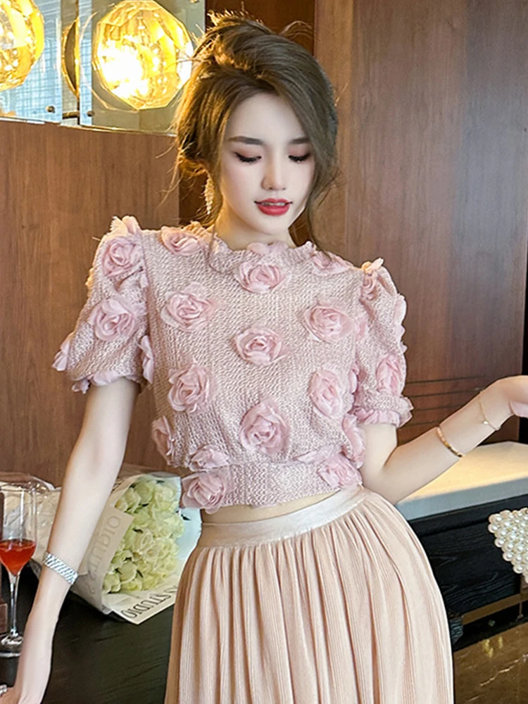 2023 Girls\' Sweet Cute 3D Flower Knitwear Women\'s French Bubble Sleeve Pink Short Tops Pullover T Shirt Party Holiday T-shirt