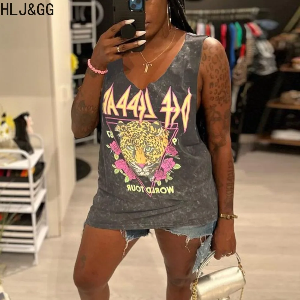 

HLJ&GG Gray Fashion Letter Printing Y2K Streetwear Women V Neck Sleeveless Loose Tops Summer New Female Trendy Hip-hop Tshirts