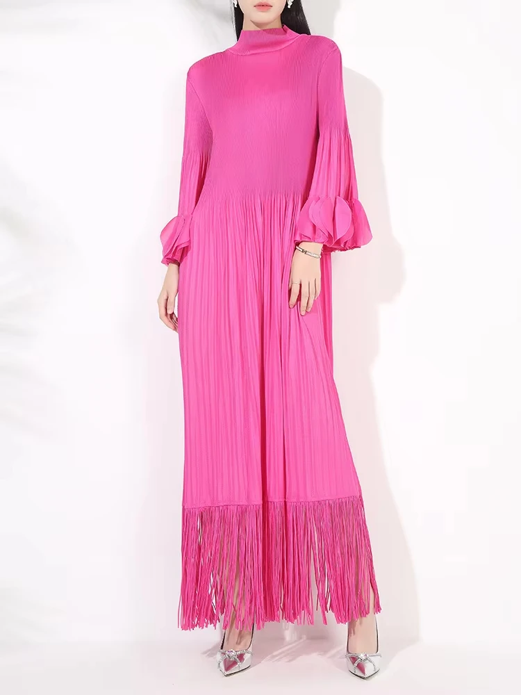 ANLAN Pleated Maxi Dress Women High Neck Long Sleeves Stitching Tassel Hem Solid Dresses Female Party Clothing 2024 New 5AN6809