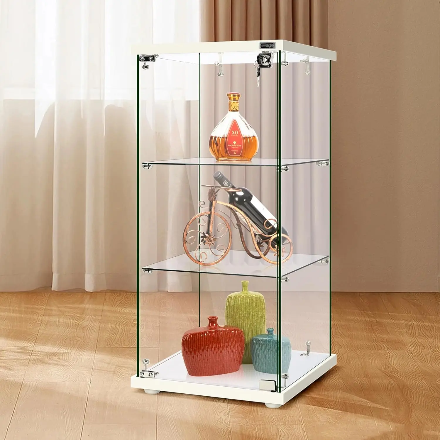 3-Layer Glass Display Cabinet with Lock, 16x16x33 Inches, Tempered Glass & MDF Base for Secure Showcase