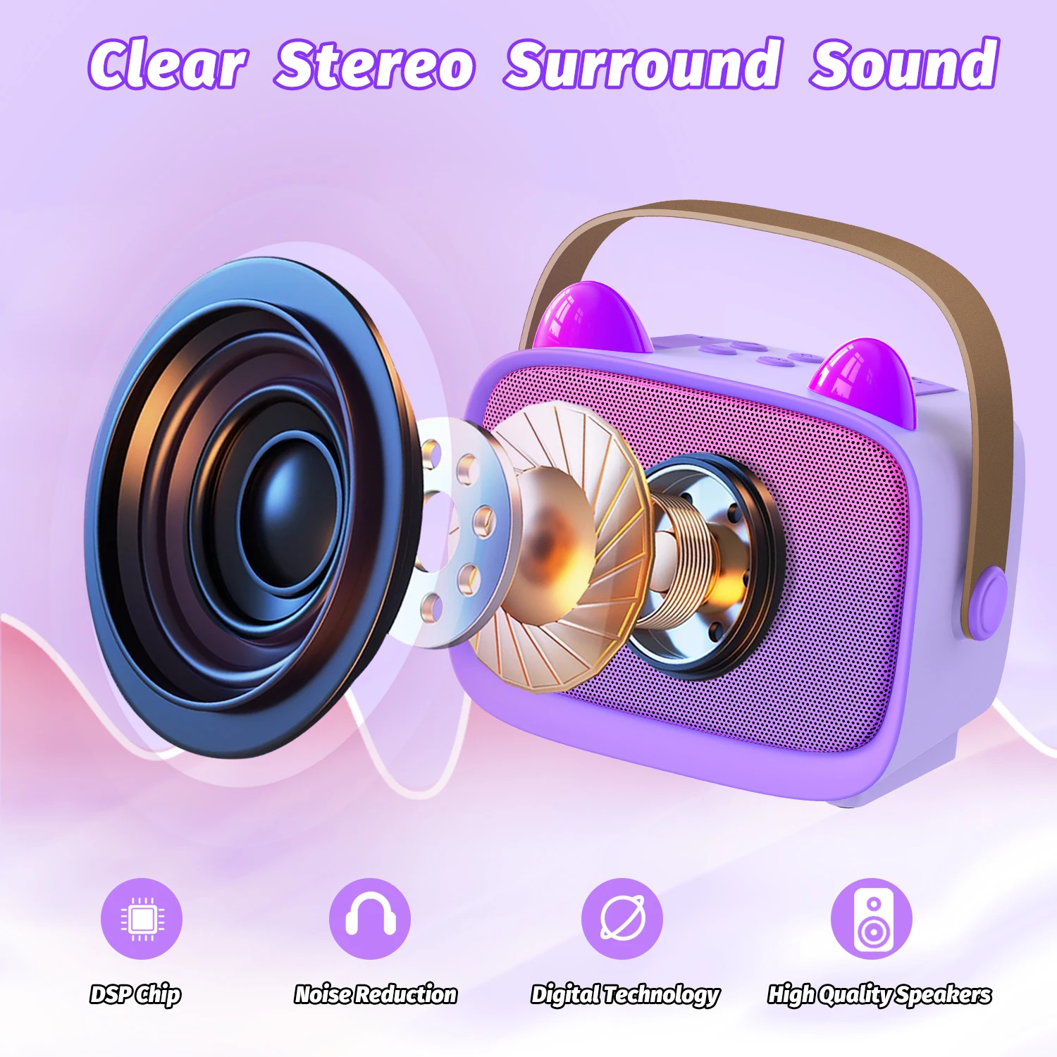 Alto-falante Bluetooth bonito com orelha de gato com luzes LED de pixel dinâmicas, alto-falante sem fio portátil com vários modos de luz de cor/degradiente