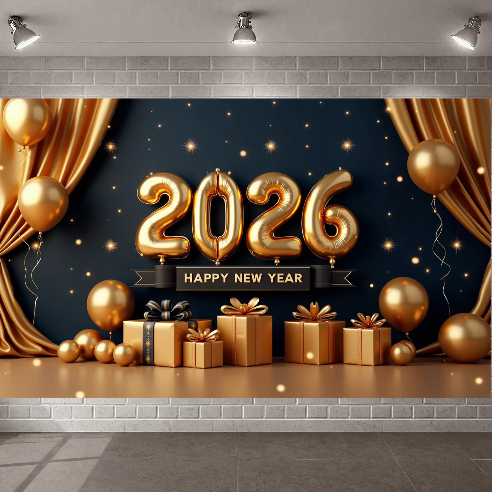 2026 Celebration Background Gift Boxes Holiday Backdrop New Year Event Banner Golden Curtains New Year Backdrop For Year-end