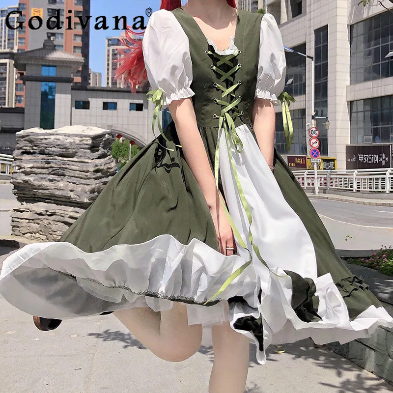 Large Size L-4XL Lolita Sweet Navy Collar Lace-up Dress Summer New Short Sleeve Ruffles Bow Green High Waist Fairy Long Dresses
