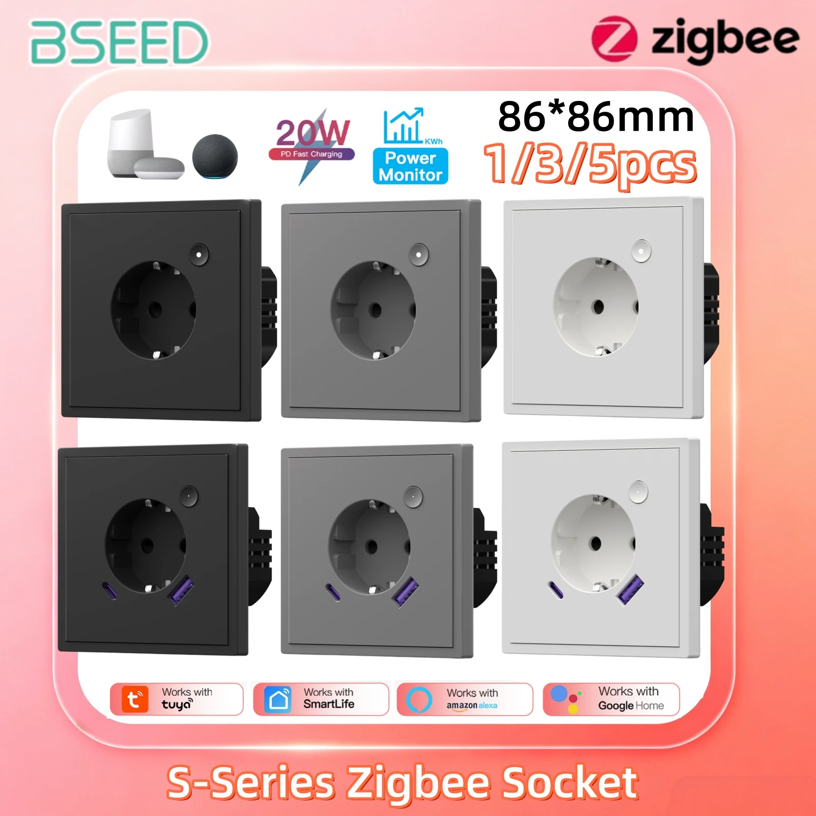 BSEED 86*86mm S-Serie Zigbee EU-Steckdose Smart Power Monitor Steckdose 16A mit USB Typ-C Schnellladung für Tuya Google Alexa Alice