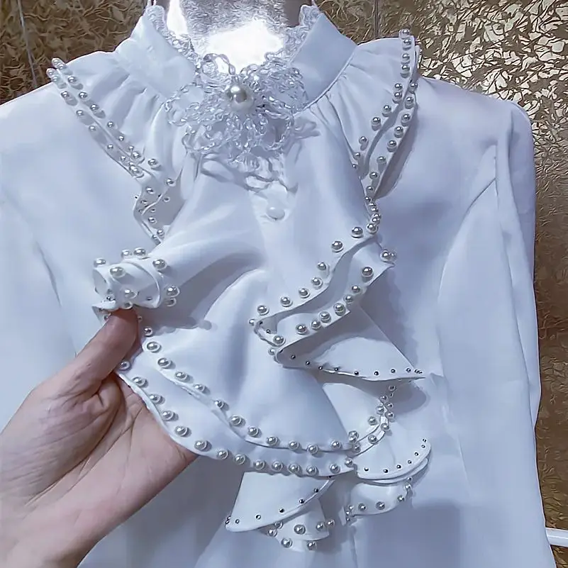 Camisas De Mujer kadınlar boncuklu Ruffles gömlek ve bluzlar kadınlar için 2024 bahar uzun kollu elbise tek göğüslü beyaz üstleri