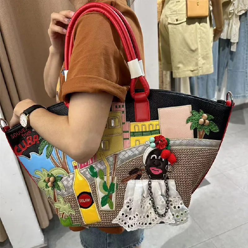 

2024 New Fashionable Handbag Large Capacity Shoulder Bag Creative Splicing Embroidered Basket Bag Holiday Bag hand bag ladies