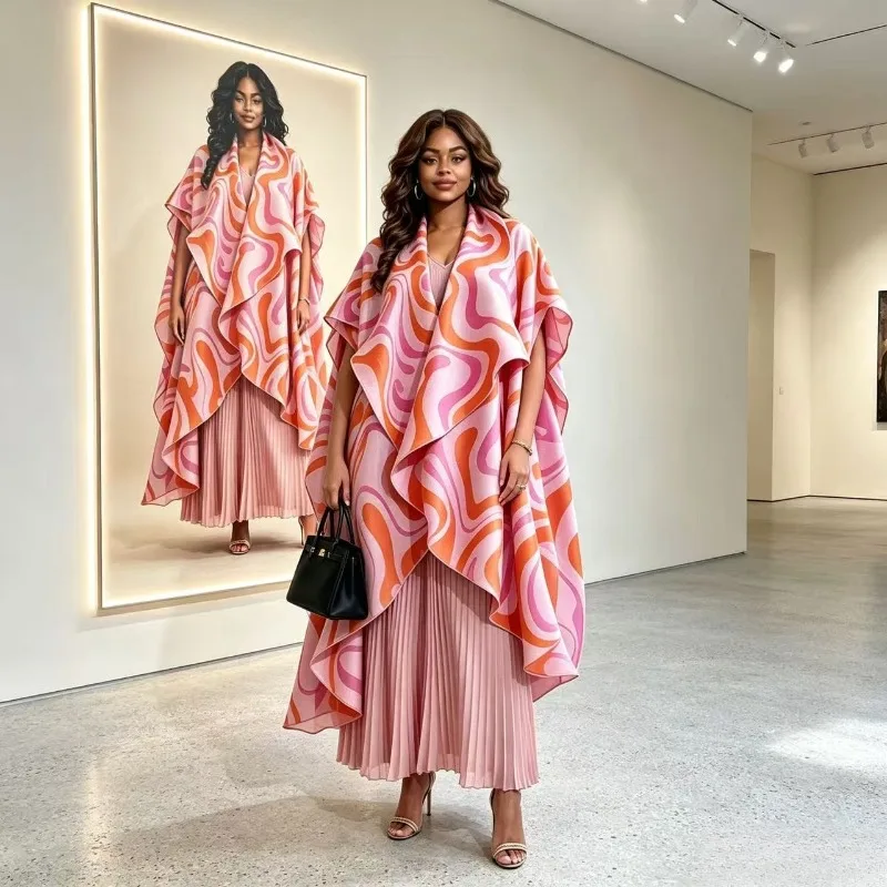 

Miyake Pleated European and American African New Printed Loose Pants + Short Sleeve Top + Organza Shawl Three-Piece Pants Set