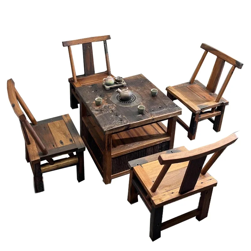 Old boat wood wabi sandy wind solid wood enclosure stove tea table balcony small retro table outdoor charcoal stove tea net