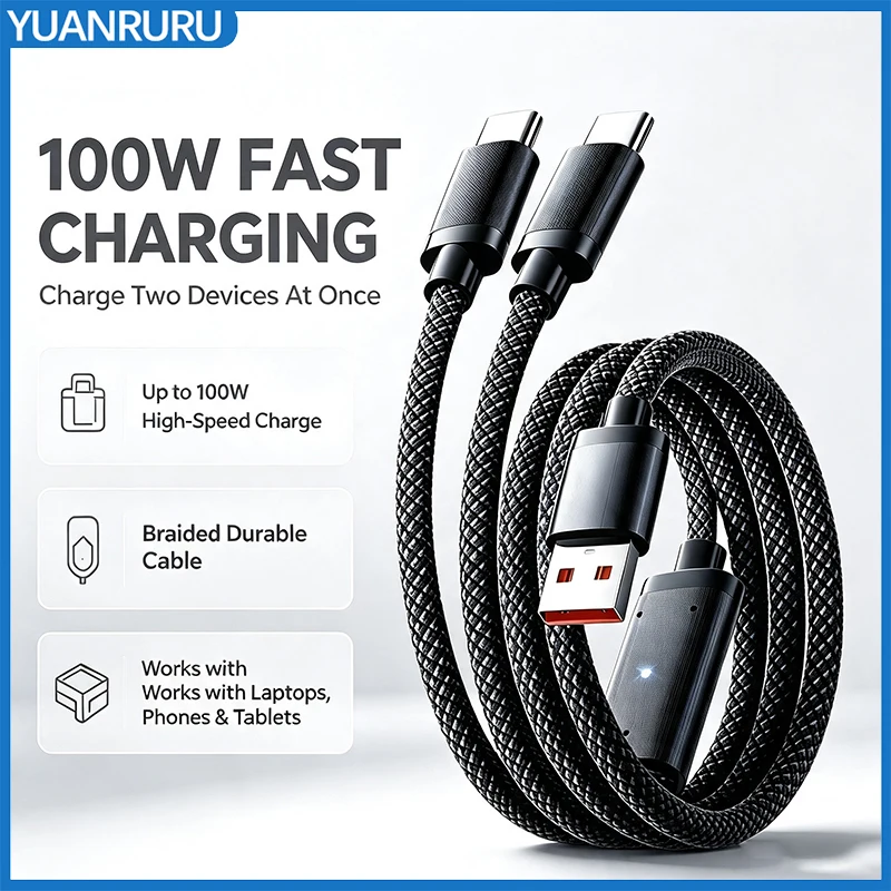2 in 1 100W USB A Cable Fast Charging Micro Type c  Data Cord Phone Charger Quick Charge Cable For iPhone Samsung Xiaomi Huawei