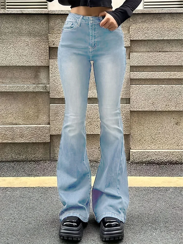 

2025 Lady Fashion High Waist Flare Jeans Women Ankle Length Stretch Slim Fit Denim Pants Girls Bell Bottoms Light Blue Trousers