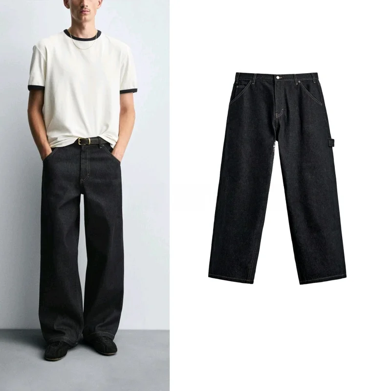 

Loose Straight Leg Casual Jeans Men's Autumn New Design Woodworking ket Decorated Denim Pants Comfortable Breathable Polye...