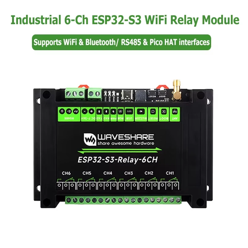 ESP32-S3 Industrial 6-Channel WiFi Relay Module IOT WiFi Bluetooth RS485 Control Pico HAT Interface Built-In Protection Circuits