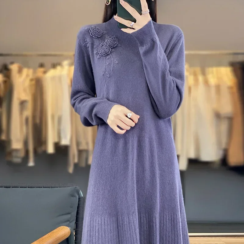 Vestido feminino de comprimento médio bordado com fundo de malha solto, vestido com gola semi-alta, lã 100% pura, outono e inverno, novo