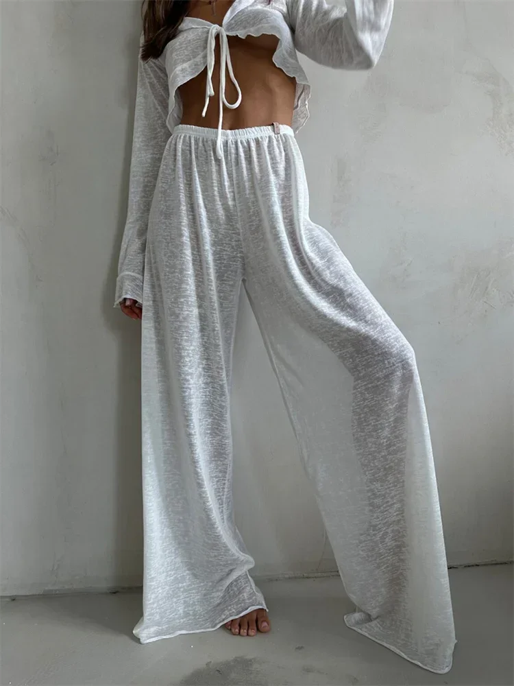Casual Fashion 2 Piece-Set Trousers For Women V-Neck Lace-Up Long Sleeve Top And High Waist Women\'s Pants Outfits Female