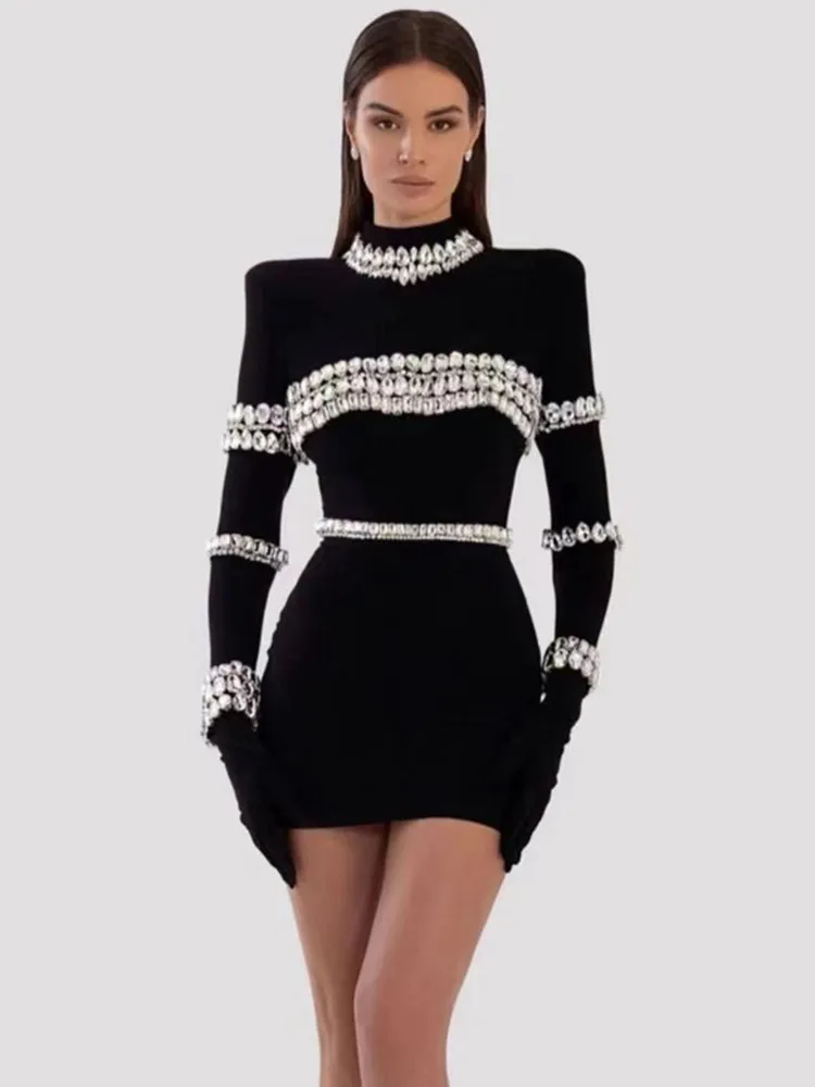 

Women Celebrity Long Sleeve Turtleneck Crystal Diamonds Black Dress Elegant Evening Birthday Dress Singer Host Stage Costume