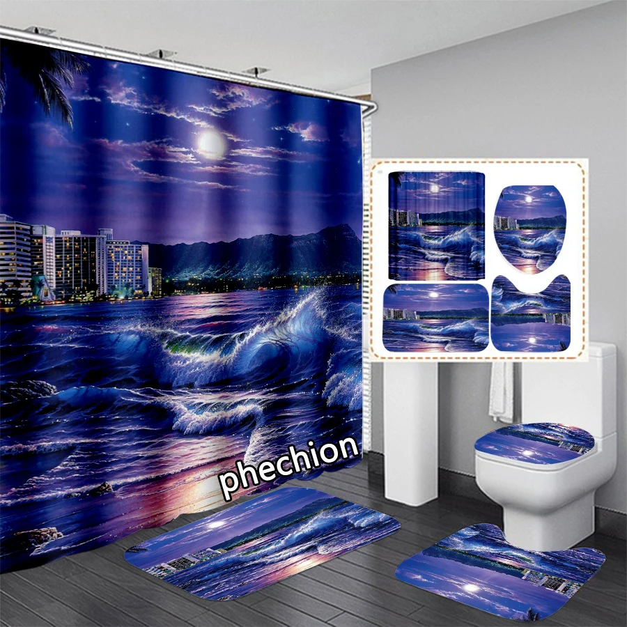 phechion New 3D Print Ocean Wave art Shower Curtain Waterproof Bathroom Curtain Anti-slip Bath Mat Set Toilet Rugs Carpet VR210