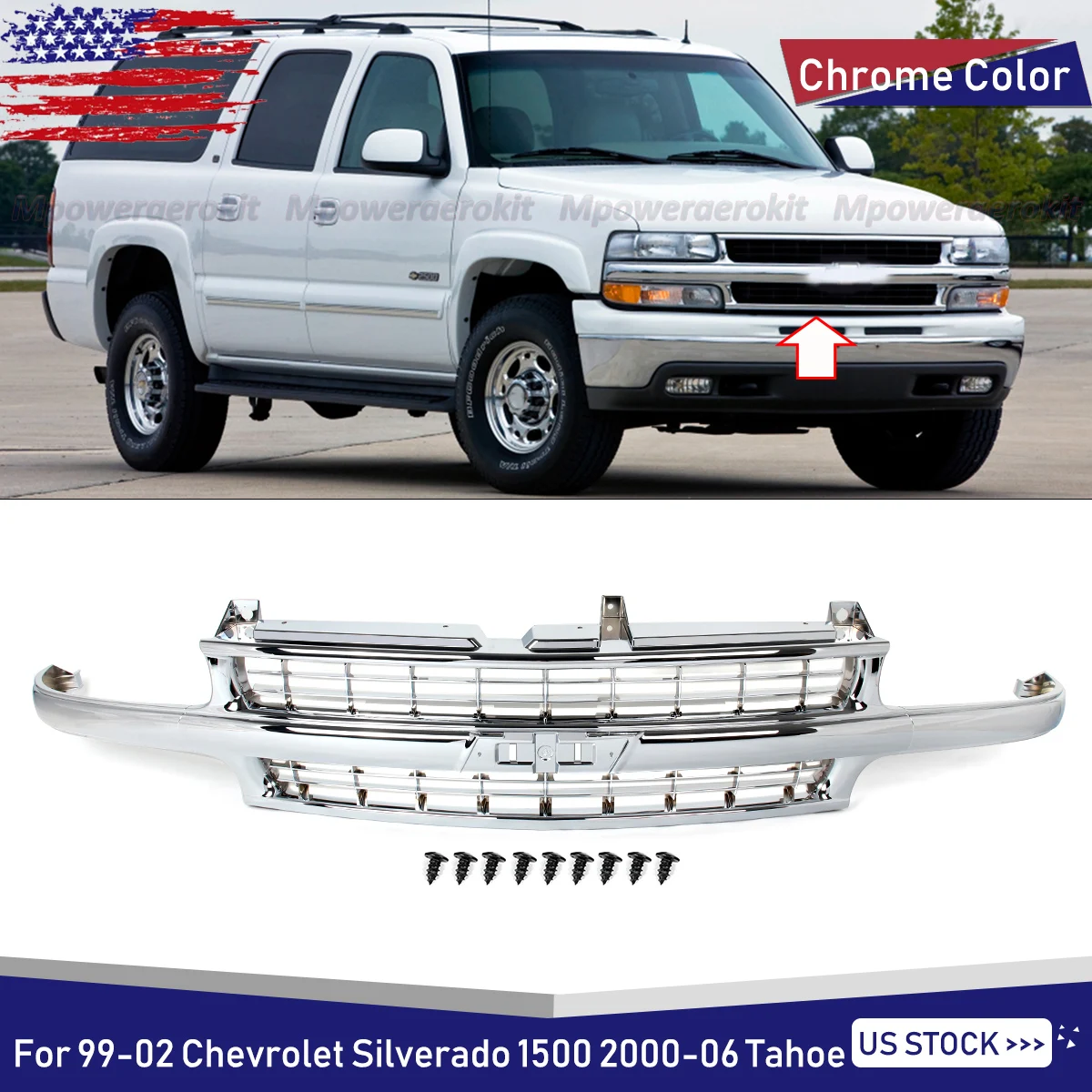 

Magickit Grille Full Chrome Front Bumper Upper Grille For 1999-2002 Chverolet Silverado Tahoe Suburban 2000-2006 Factory Style