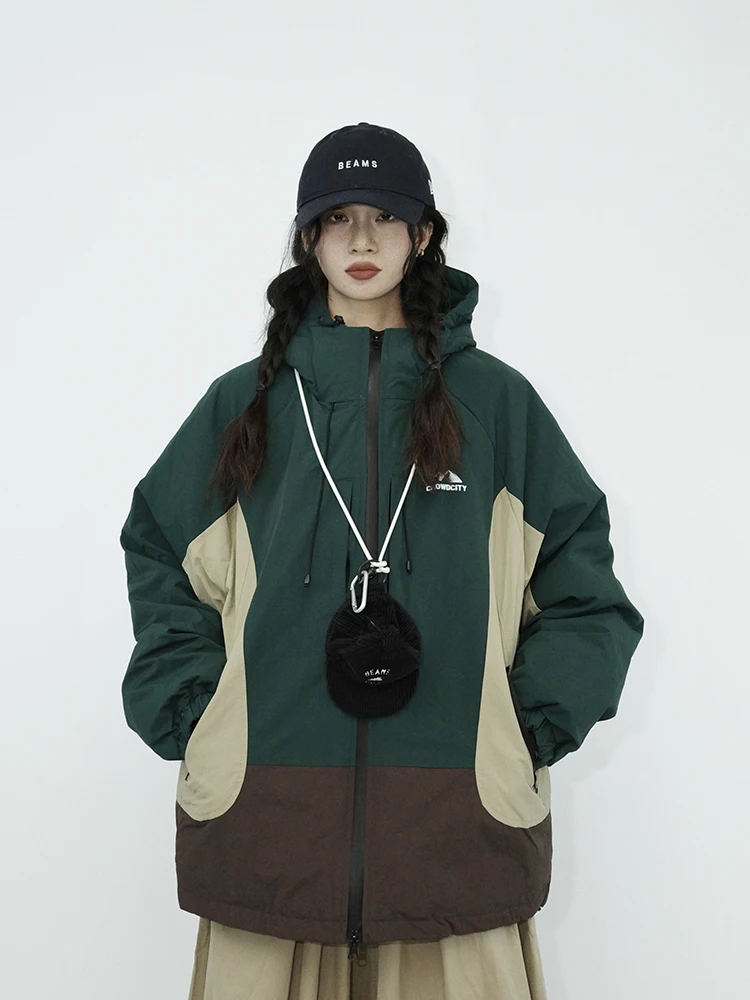 

Guluwoo Ретро-куртка свободного кроя для активного отдыха и альпинизма, хлопковая, в стиле колор-блок, унисекс, с капюшоном, рабочая одежда, хлопковое пальто, верхняя одежда